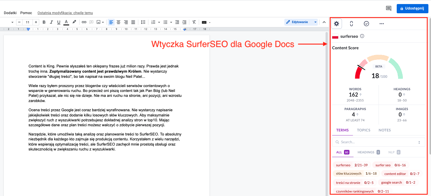 SurferSEO wtyczka Google Docs